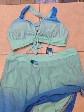 Aqua Ombre Tassel Tie Swim Top and Skirt Set